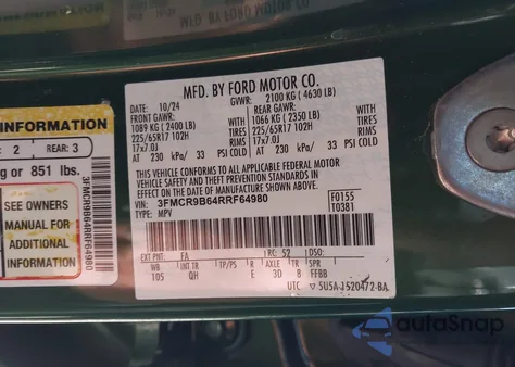 2024 Ford Bronco Sport Big Bend z USA, uszkodzony, nr VIN 3FMCR9B64RRF64980